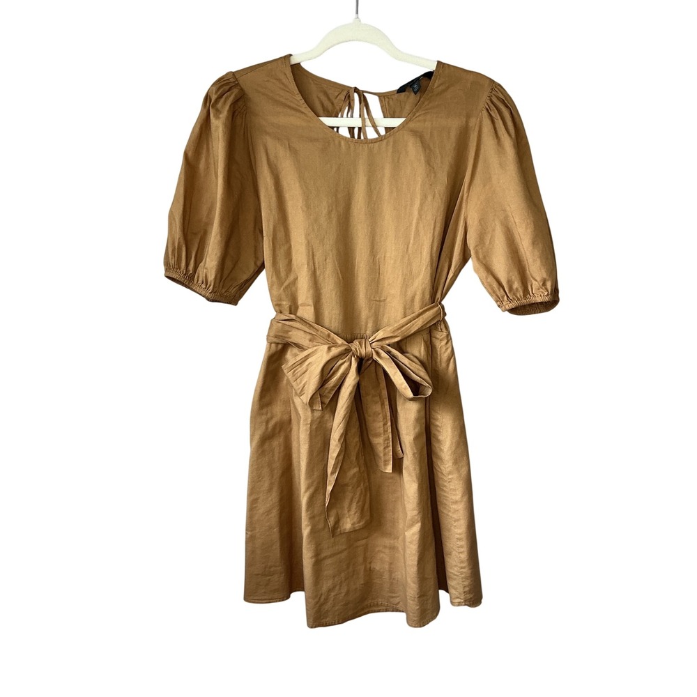 Banana Republic Petite Camel Brown Puff Sleeve Cutout Back Tie Waist Dress M